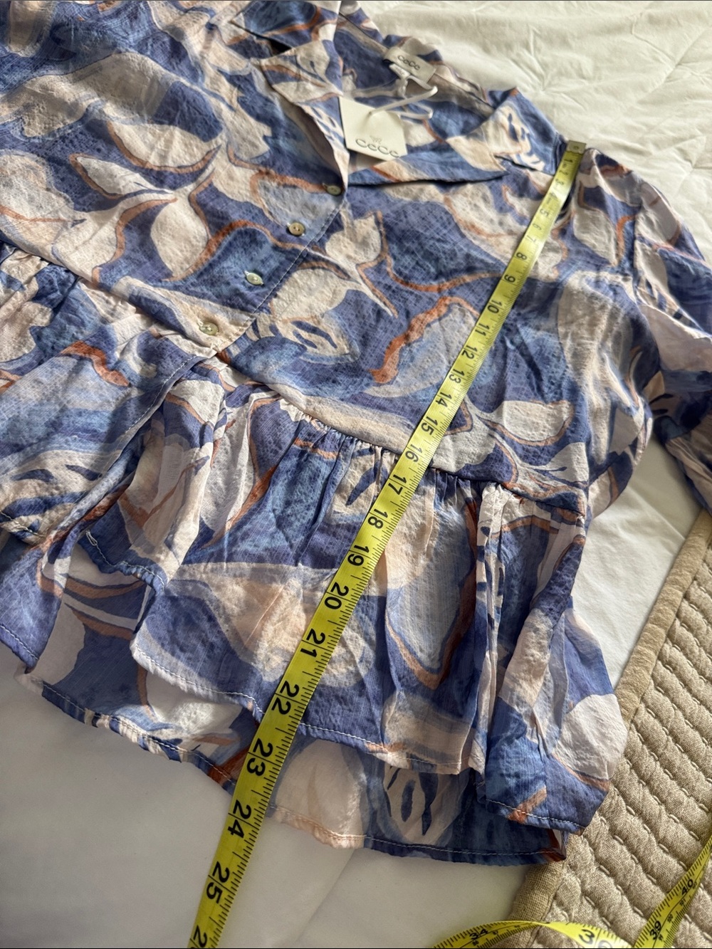 CeCe Blue and Cream Abstract Ruffle Button-Up Top - Picture 7 of 9